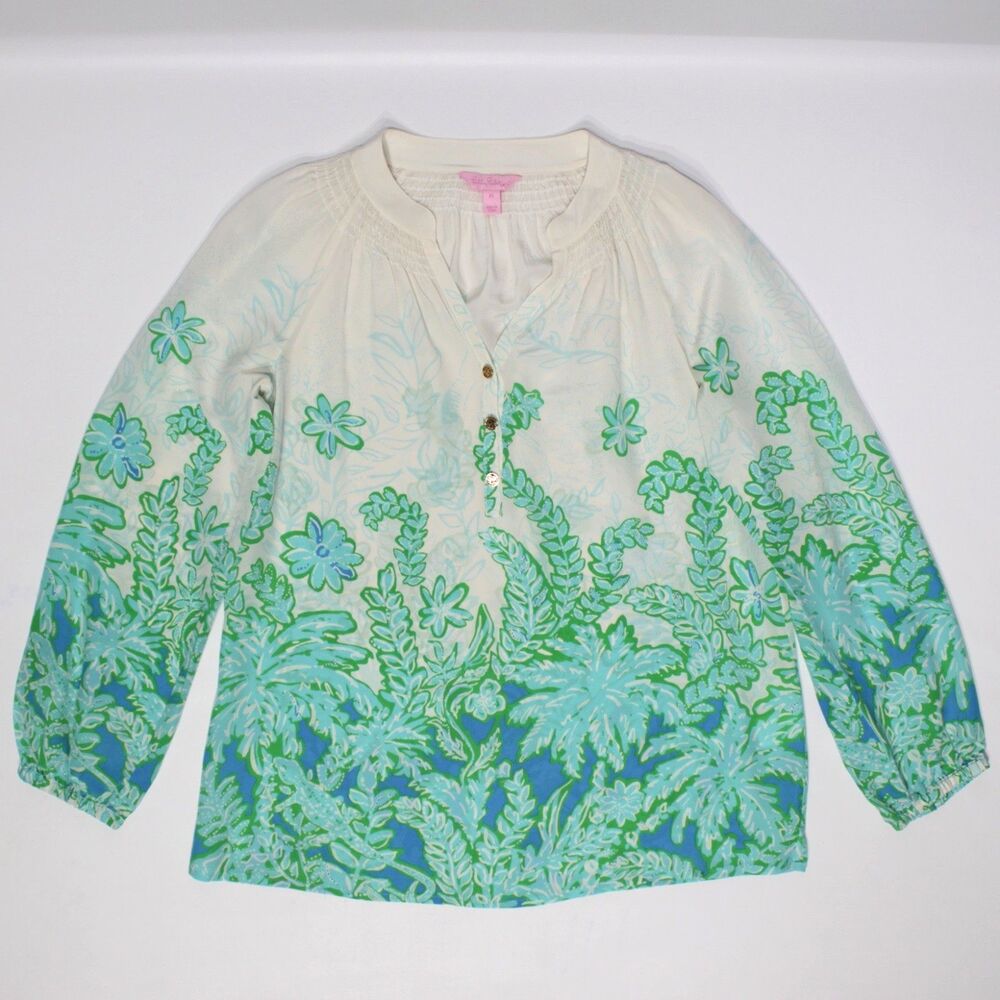 Lilly Pulitzer 100% Silk Oversized Ivory Green Floral Top Gold Buttons Women XS